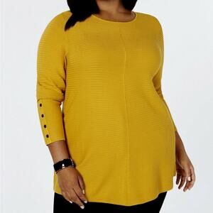 Alfani Rib Sweater Plus 0X Marigold Mustard Long Sleeve Ribbed Snap Detail Crew